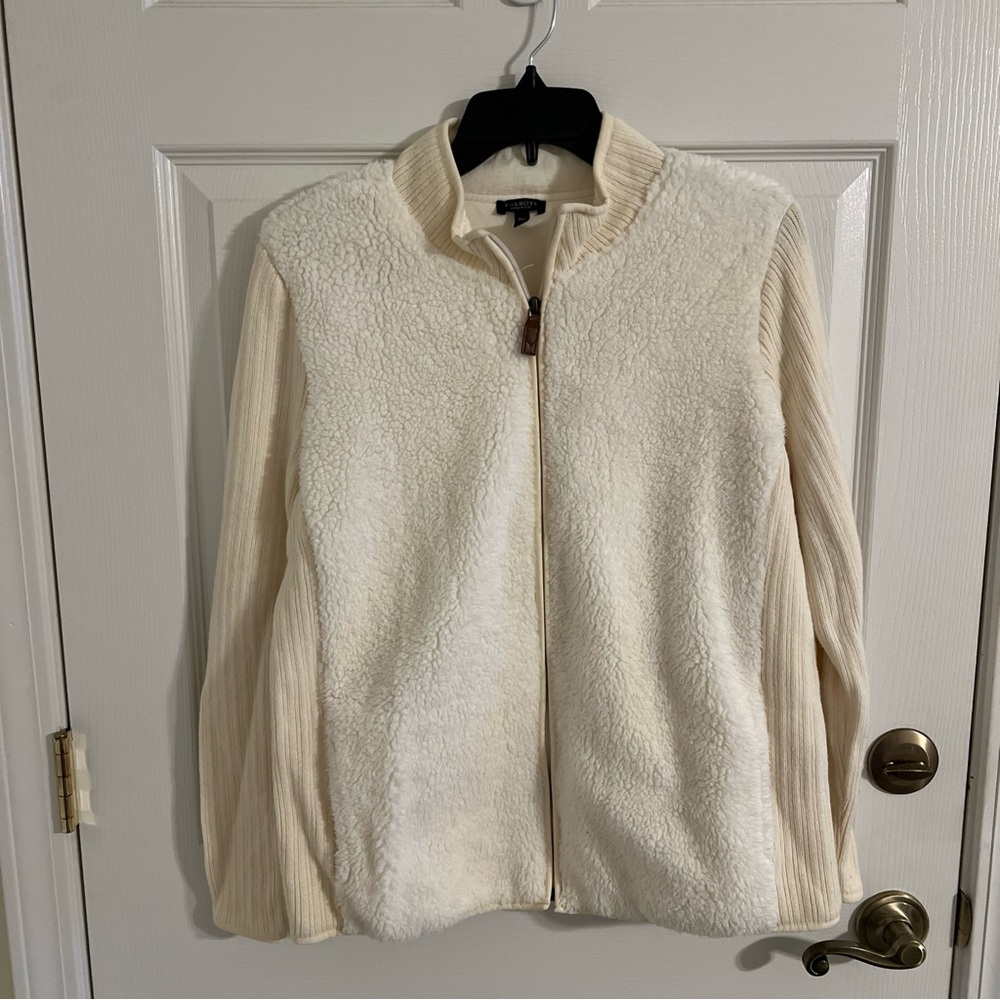 Talbots faux fur sweater plus size 1X petite Ivory cream full zip cotton lined